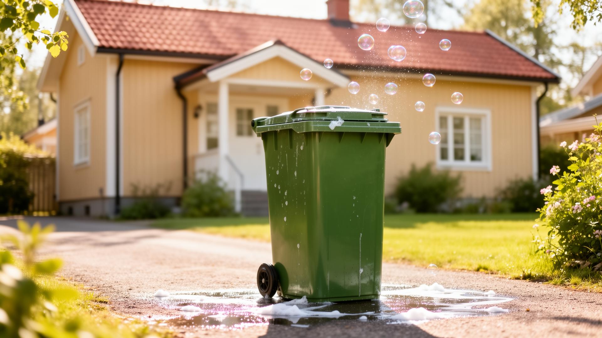 Nytvättad grön soptunna framför ett gult villahus